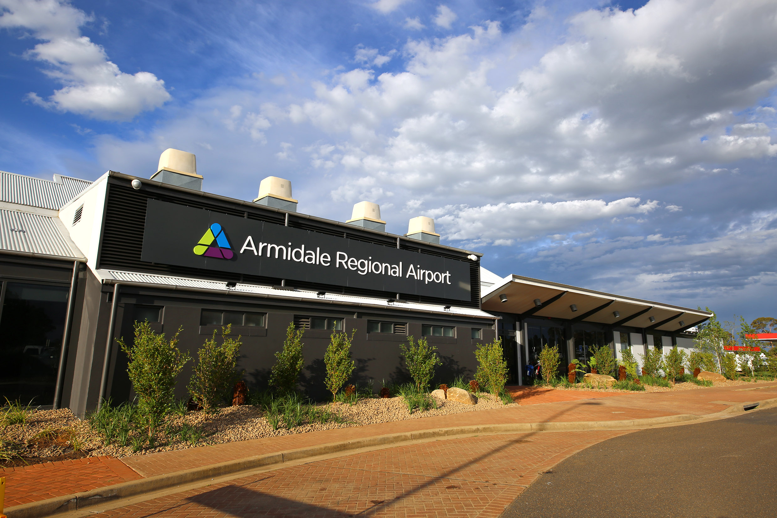 Airport terminal front view - signage